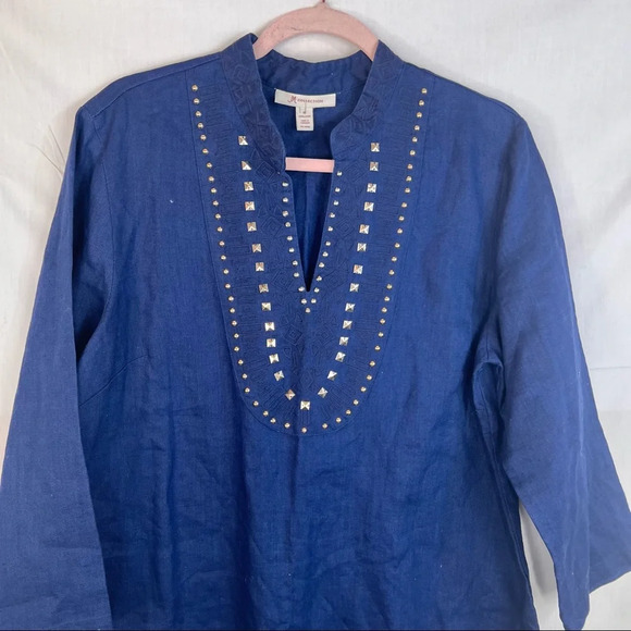 JM Collection Tunic Blouse Womens Sz 16 Embroidered Beaded Navy Blue 100% Linen - Picture 2 of 12
